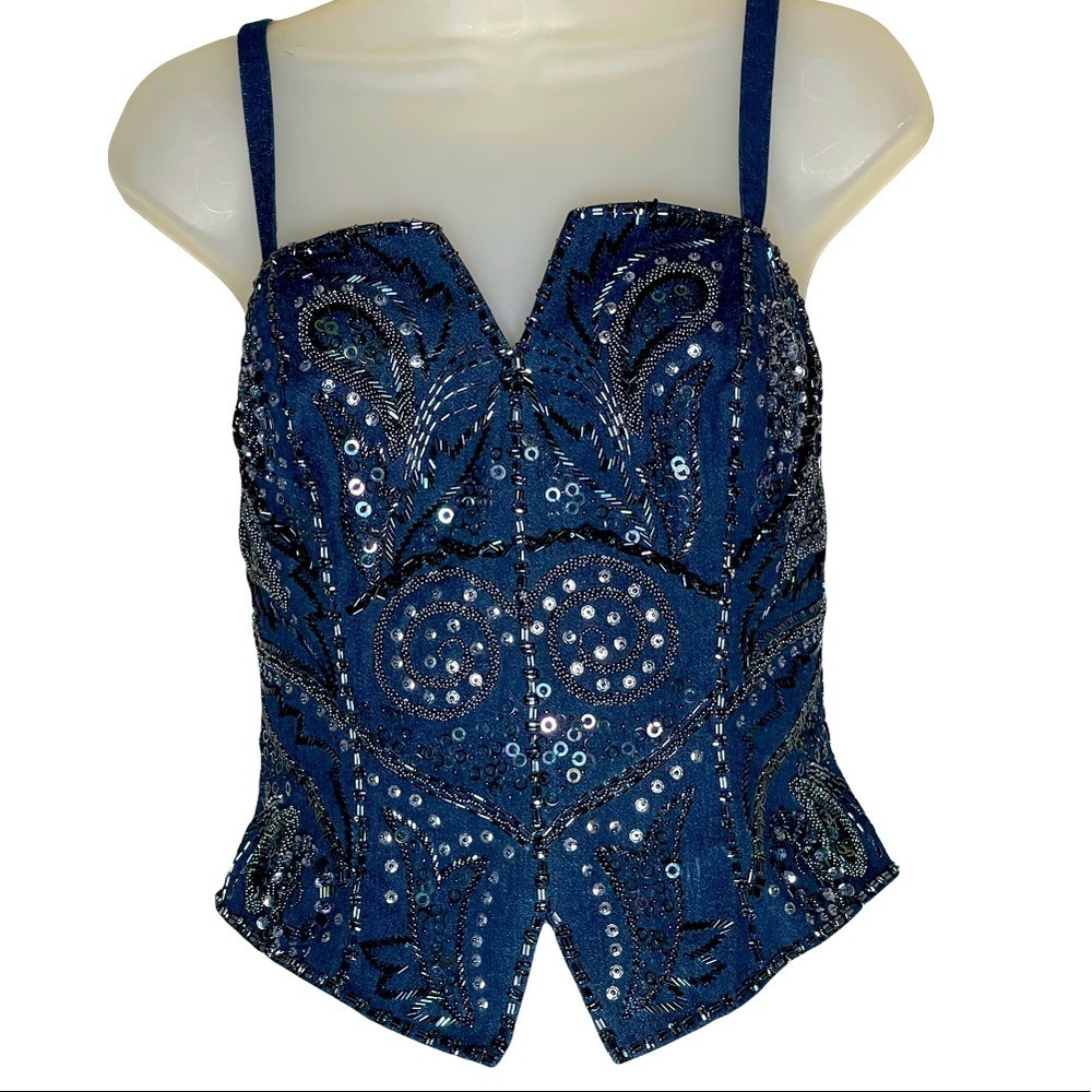 Beaded denim vintage bustier - Picture 2 of 4